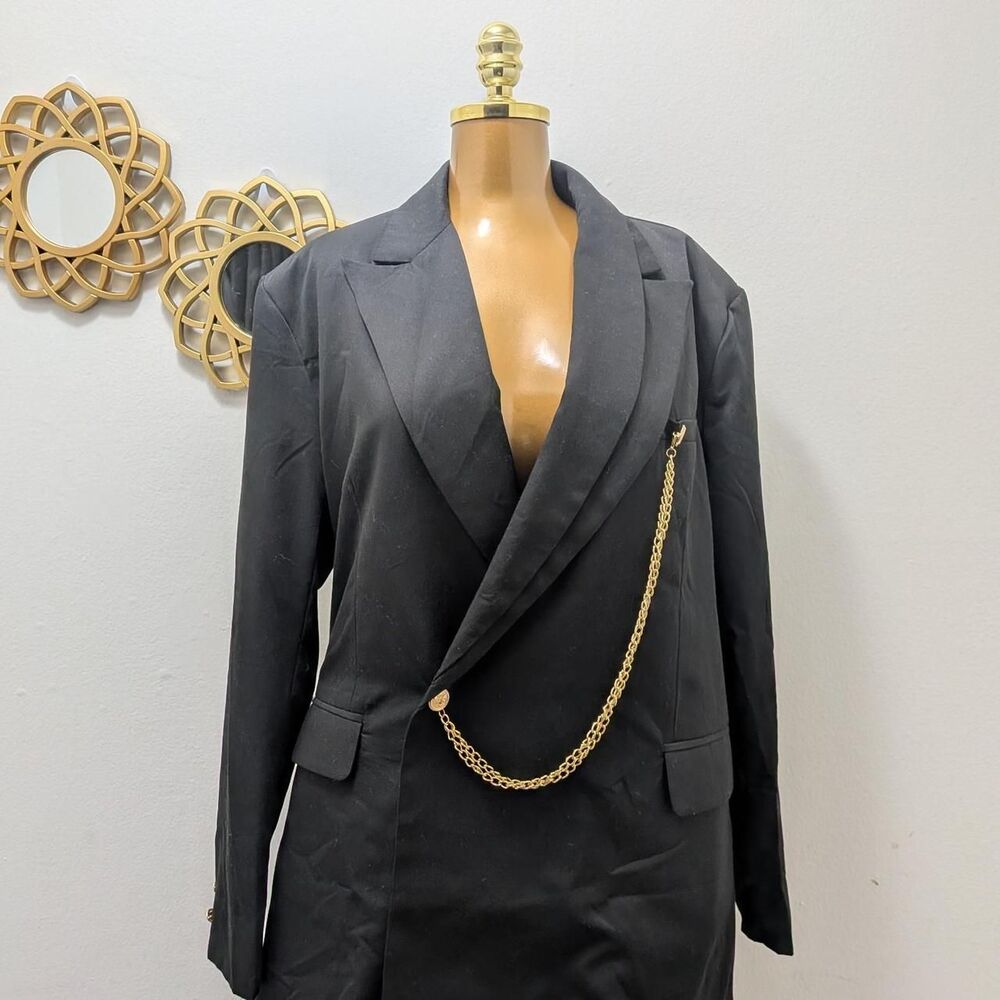 Private Customized Women's Black Tailored Dress Blazer with Gold Chain DetailsL